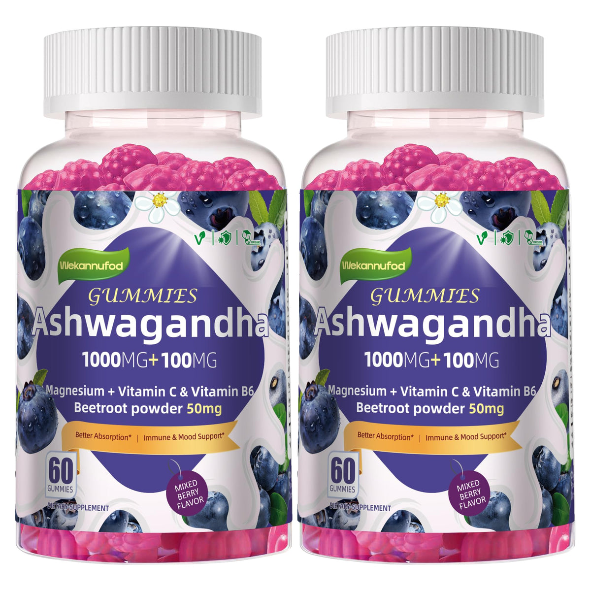 Bonbons Ashwagandha Wekannufod 1000mg 120 unités, vue de face