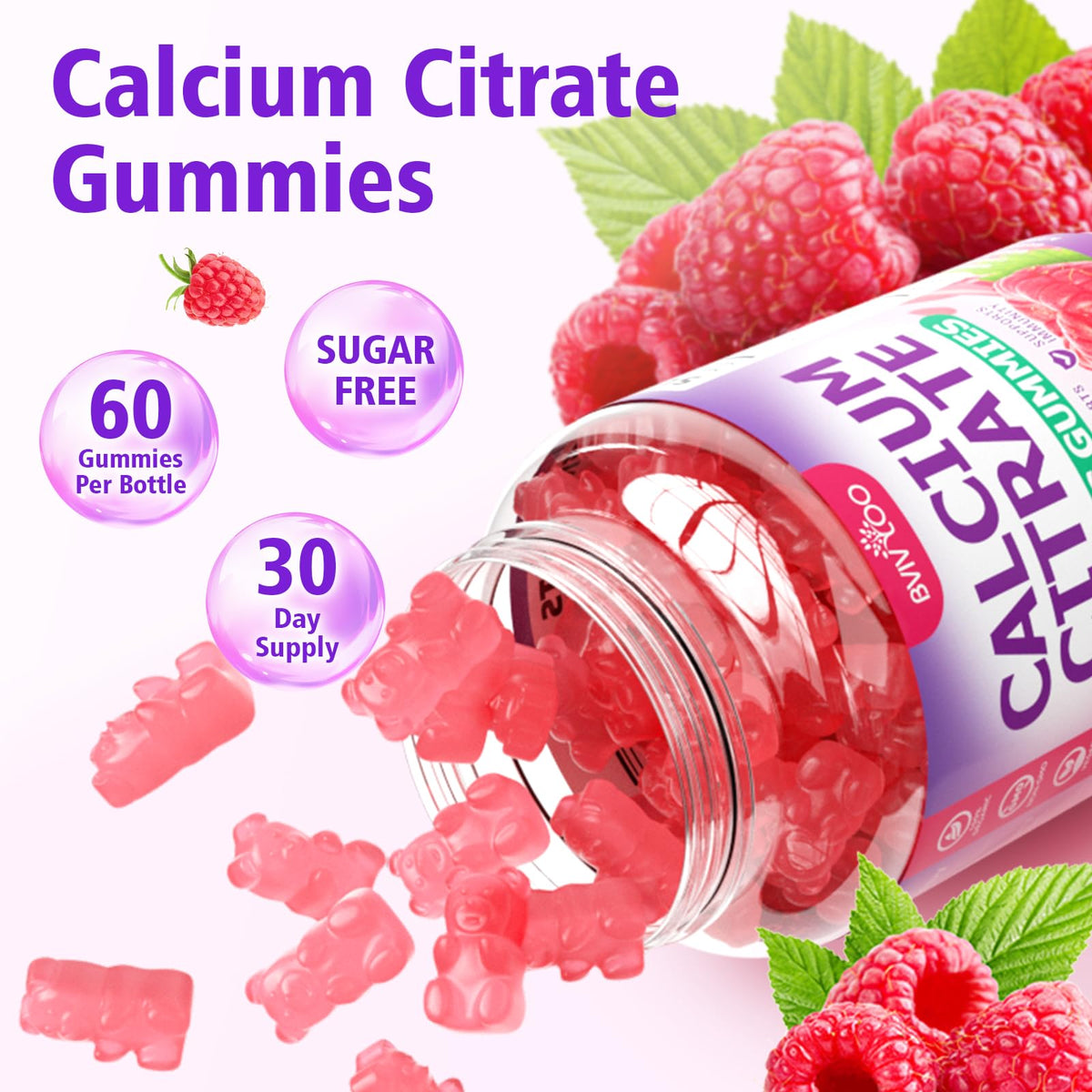 Bonbons au calcium BVIVLOO sur un plateau avec des fruits