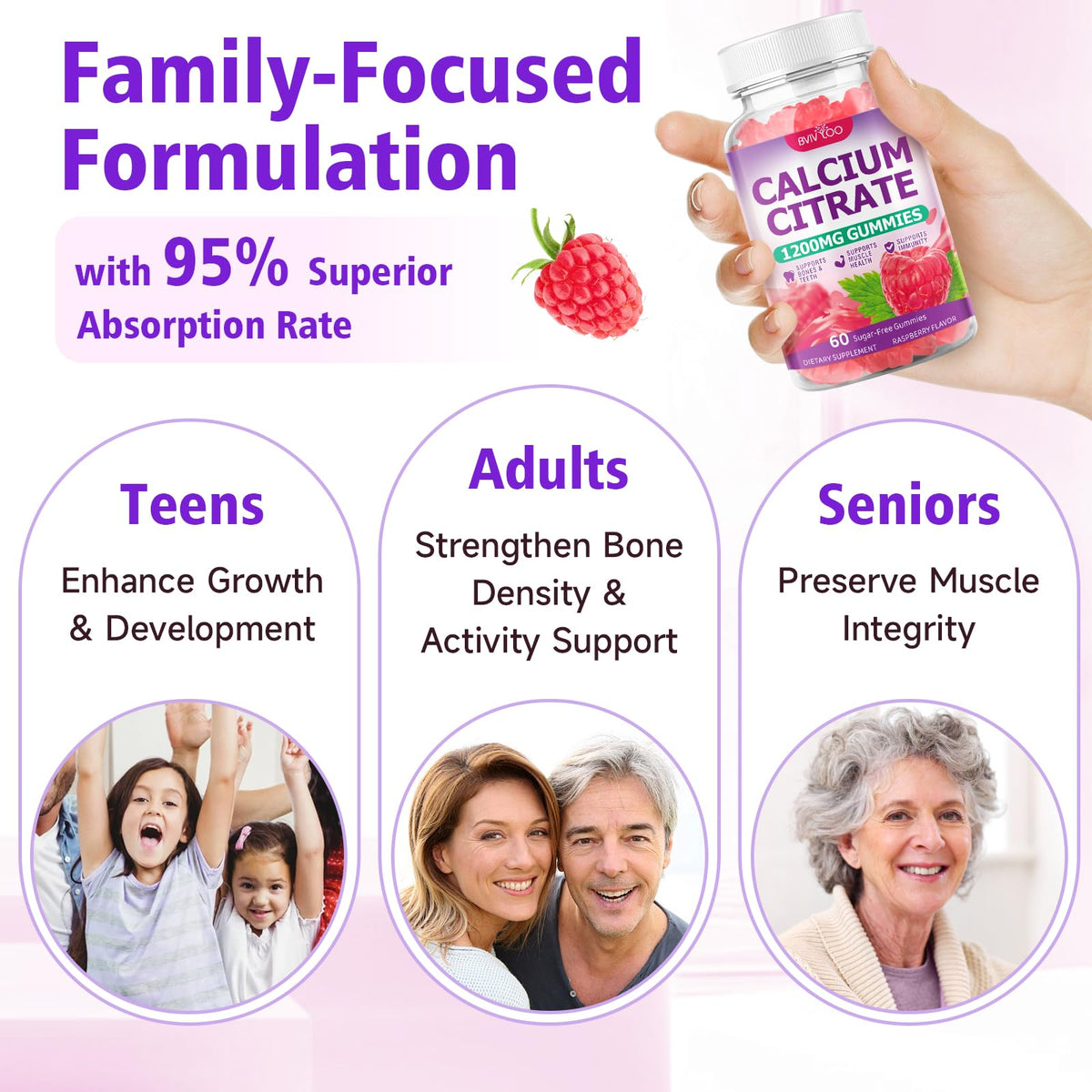 Bonbons au calcium citrate BVIVLOO à côté d'un verre d'eau
