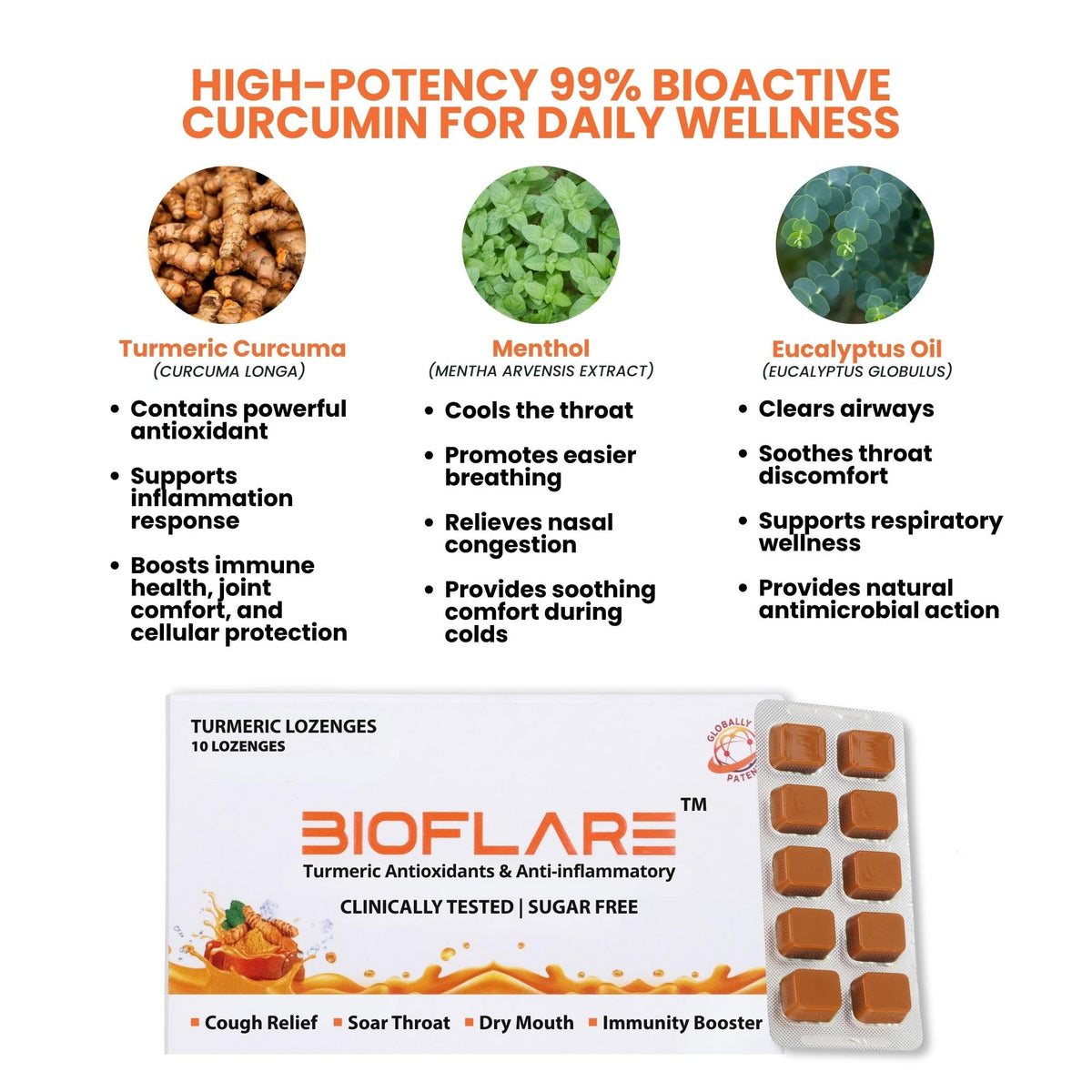 Bonbons au curcuma BIOFLARE, présentation avec des ingrédients naturels