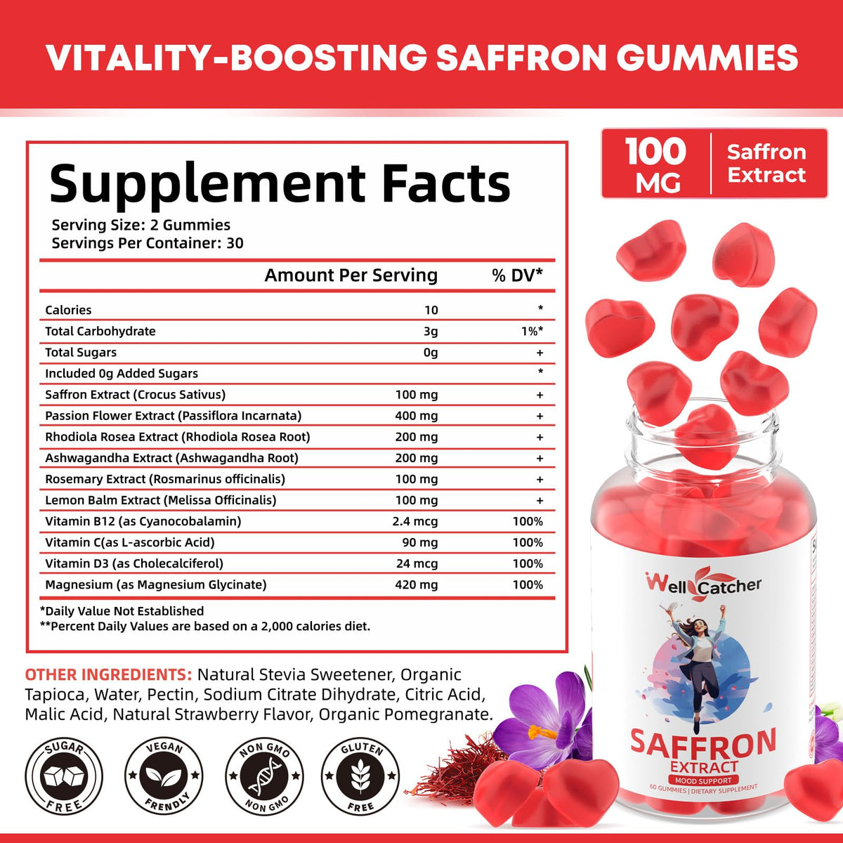 Bonbons au safran bio Wellcatcher gélifiés avec saveur de fraise