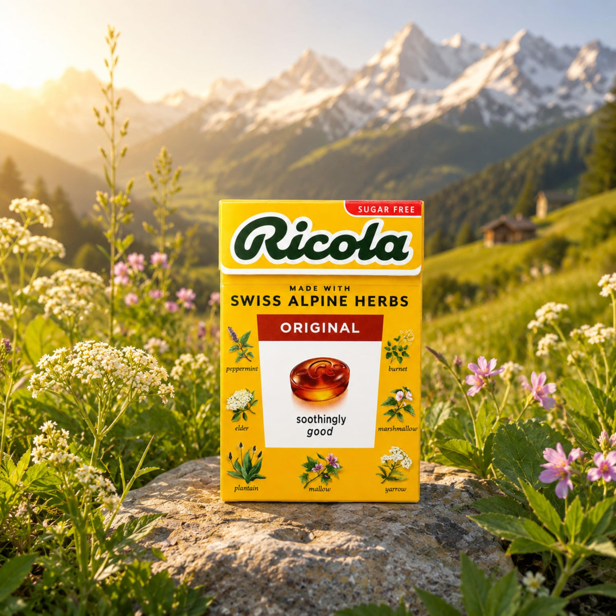 Bonbons aux herbes Ricola avec un verre d'eau