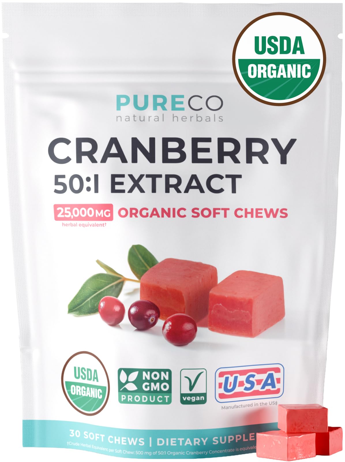 Bonbons de canneberge biologiques PURE CO, sachet avant
