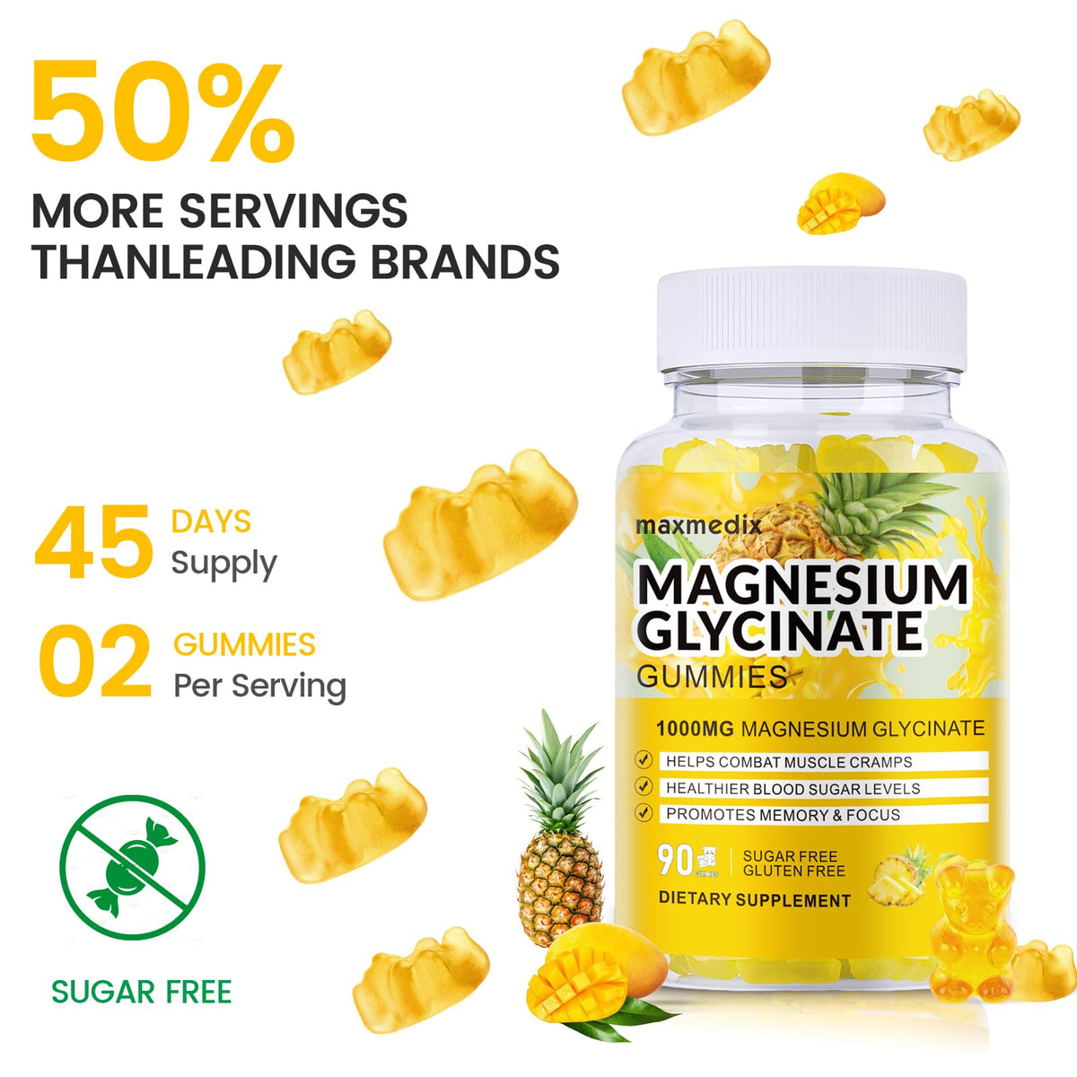Bonbons de magnésium glycinate maxmedix avec fruits en arrière-plan