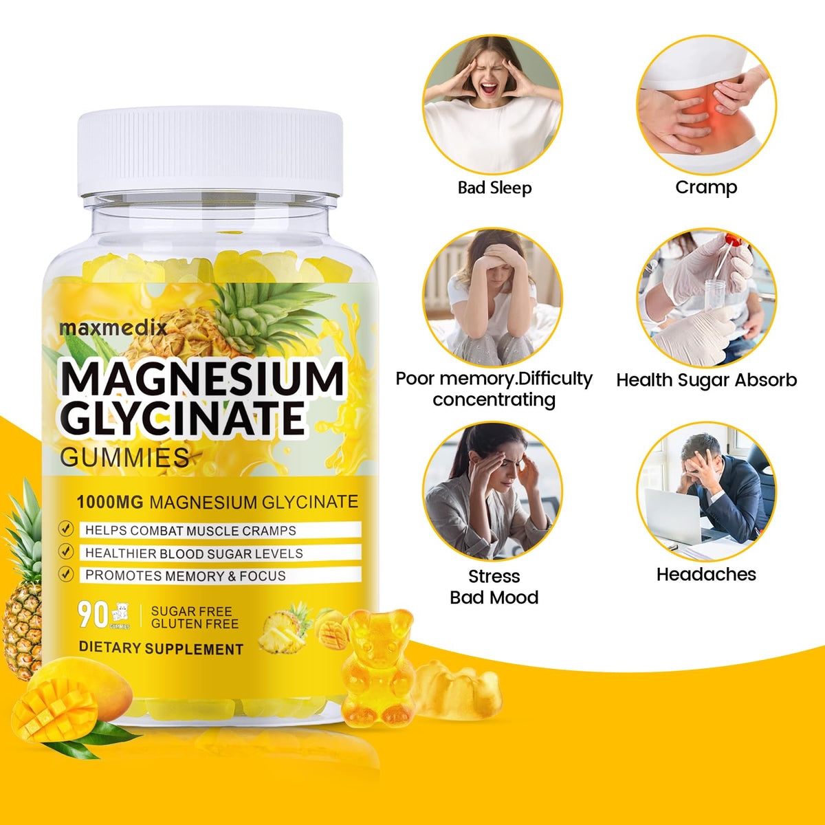 Bonbons de magnésium glycinate maxmedix sur fond blanc