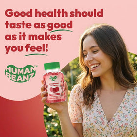 Bonbons gélifiés Human Beanz avec des fruits frais en arrière-plan