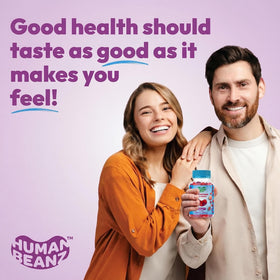 Bonbons gélifiés Human Beanz, trois pièces sur une surface blanche
