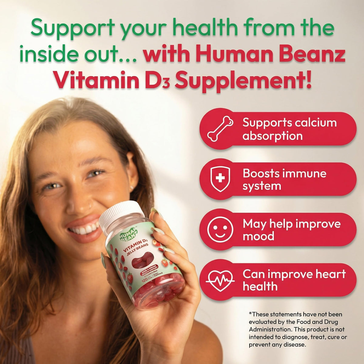 Bonbons gélifiés Human Beanz Vitamine D3, présentation sur table