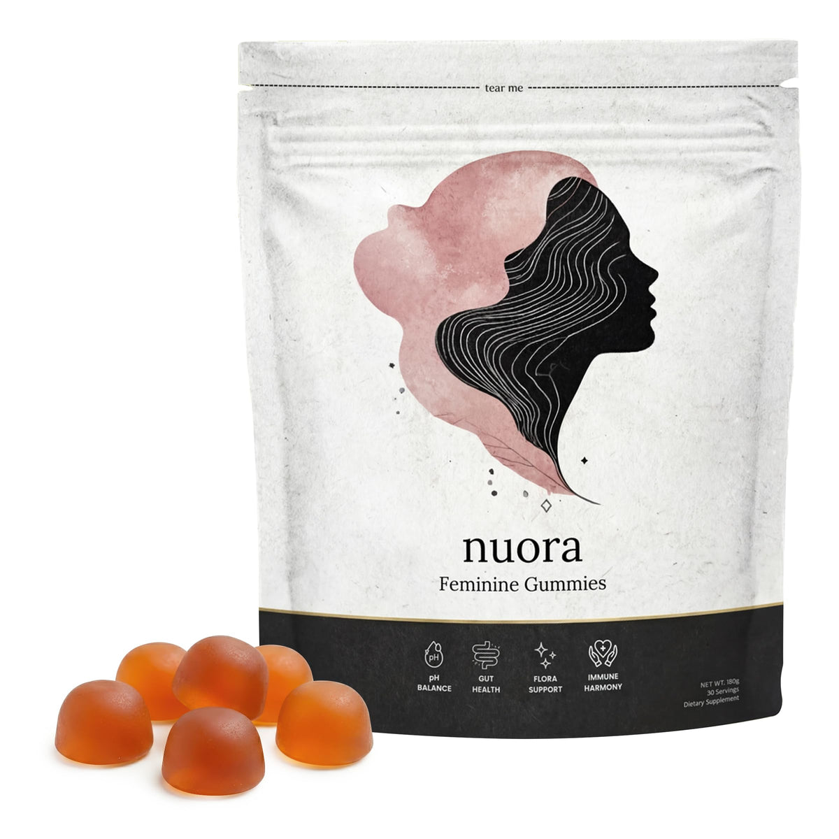 Bonbons probiotiques Nuora 124g vue de face avec emballage