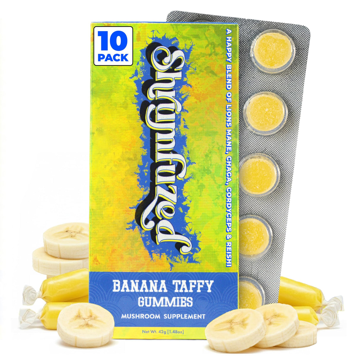 Bonbons Shrumfuzed aux champignons, paquet de 10, saveur banane