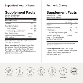 Bonbons SuperBeets et Turmeric présentés avec des fruits