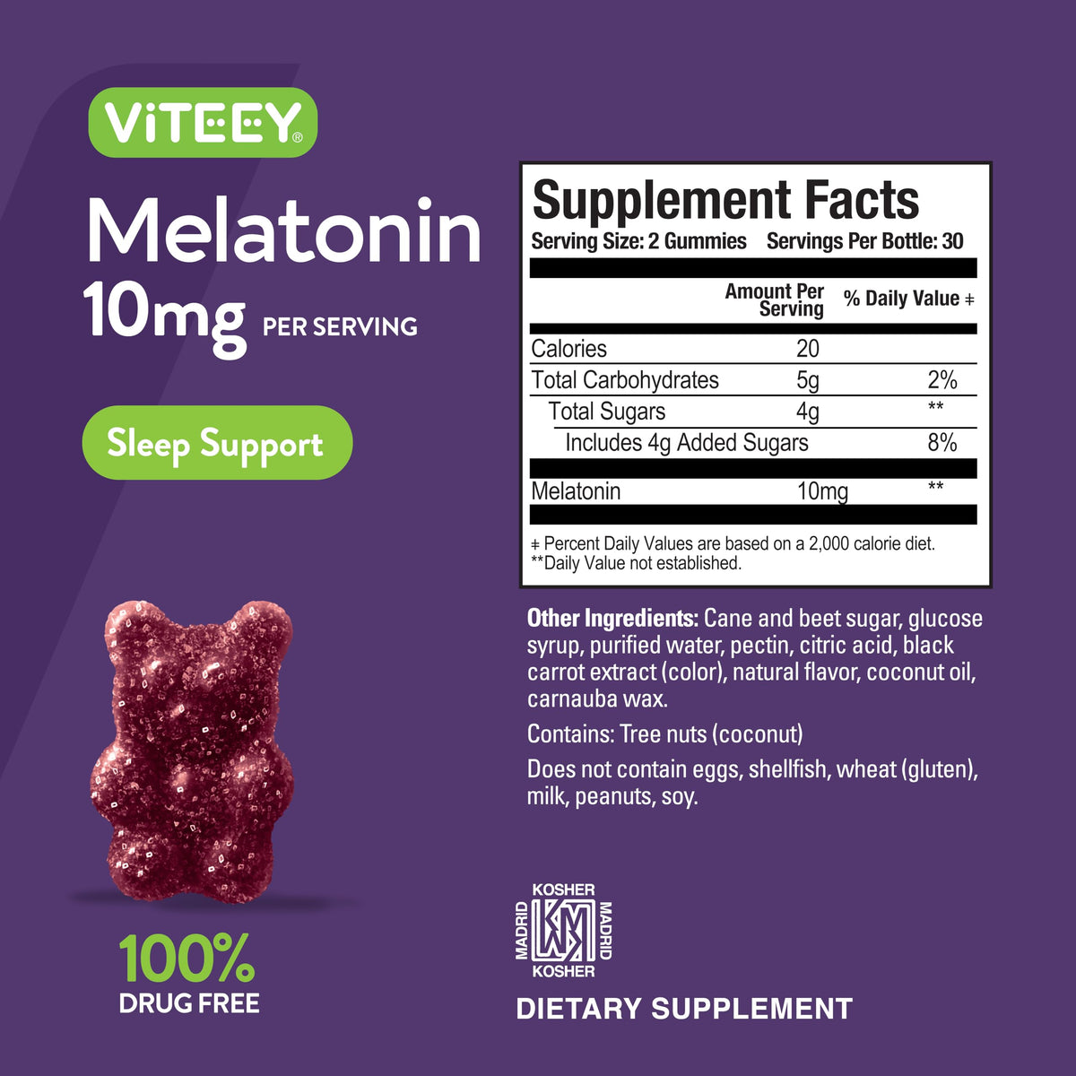 Bonbons Viteey Melatonine 10mg dans un bol