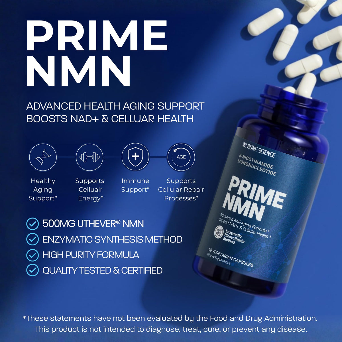 BONE SCIENCE Uthever NMN 6-en-1 flacon ouvert avec capsules
