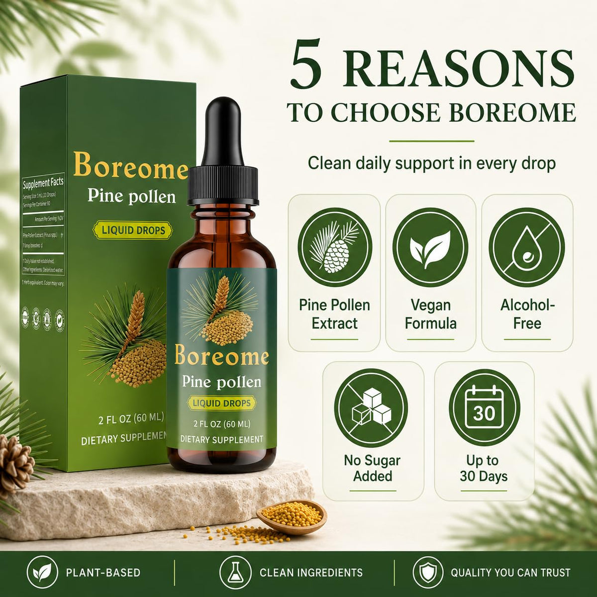 Boreome Tincture de Pollen de Pin 60 ml en usage avec verre