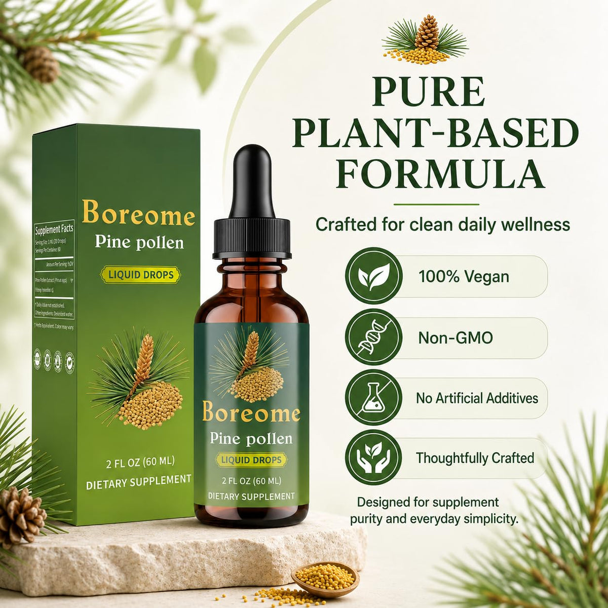 Boreome Tincture de Pollen de Pin 60 ml montrant la texture du liquide