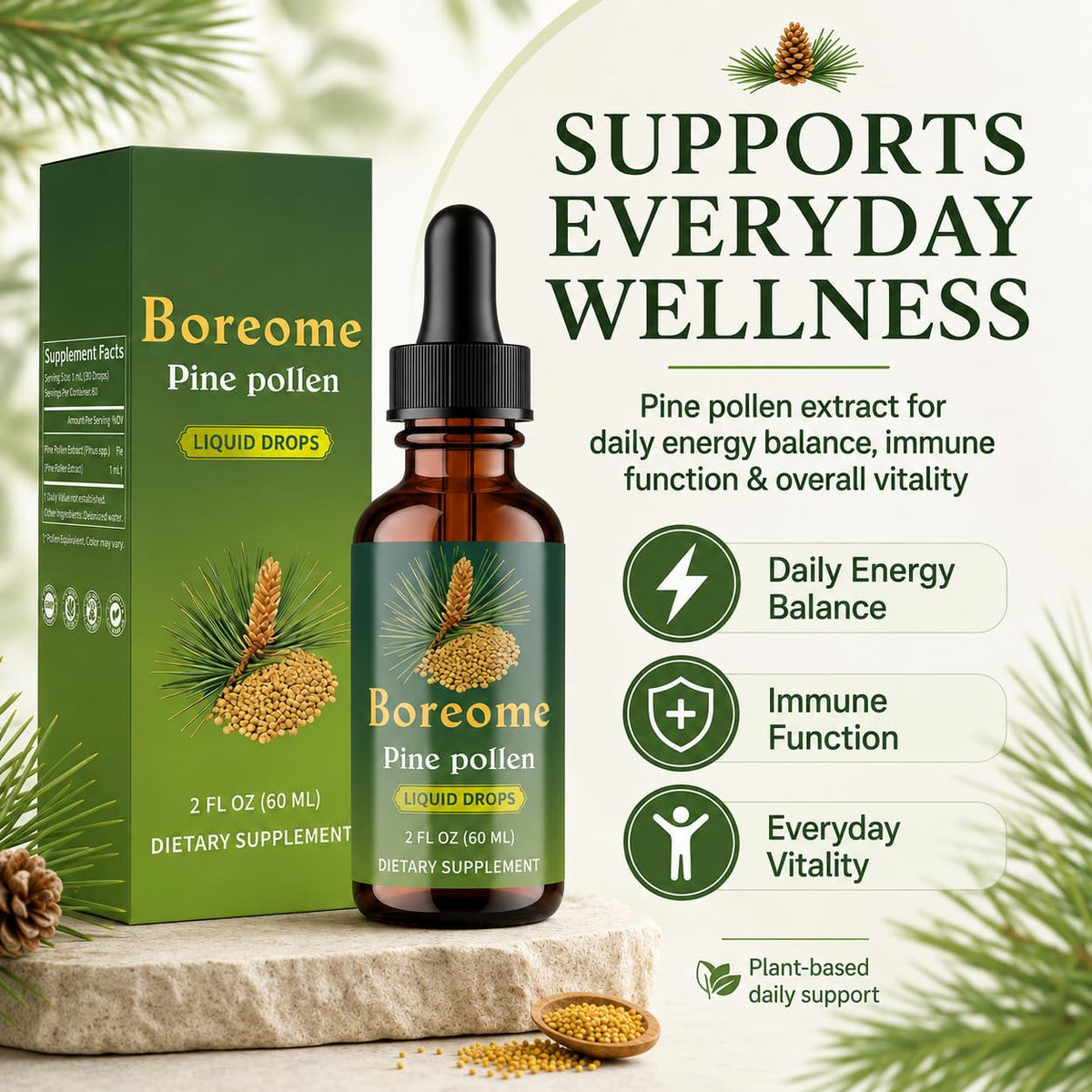 Boreome Tincture de Pollen de Pin 60 ml sur une table en bois