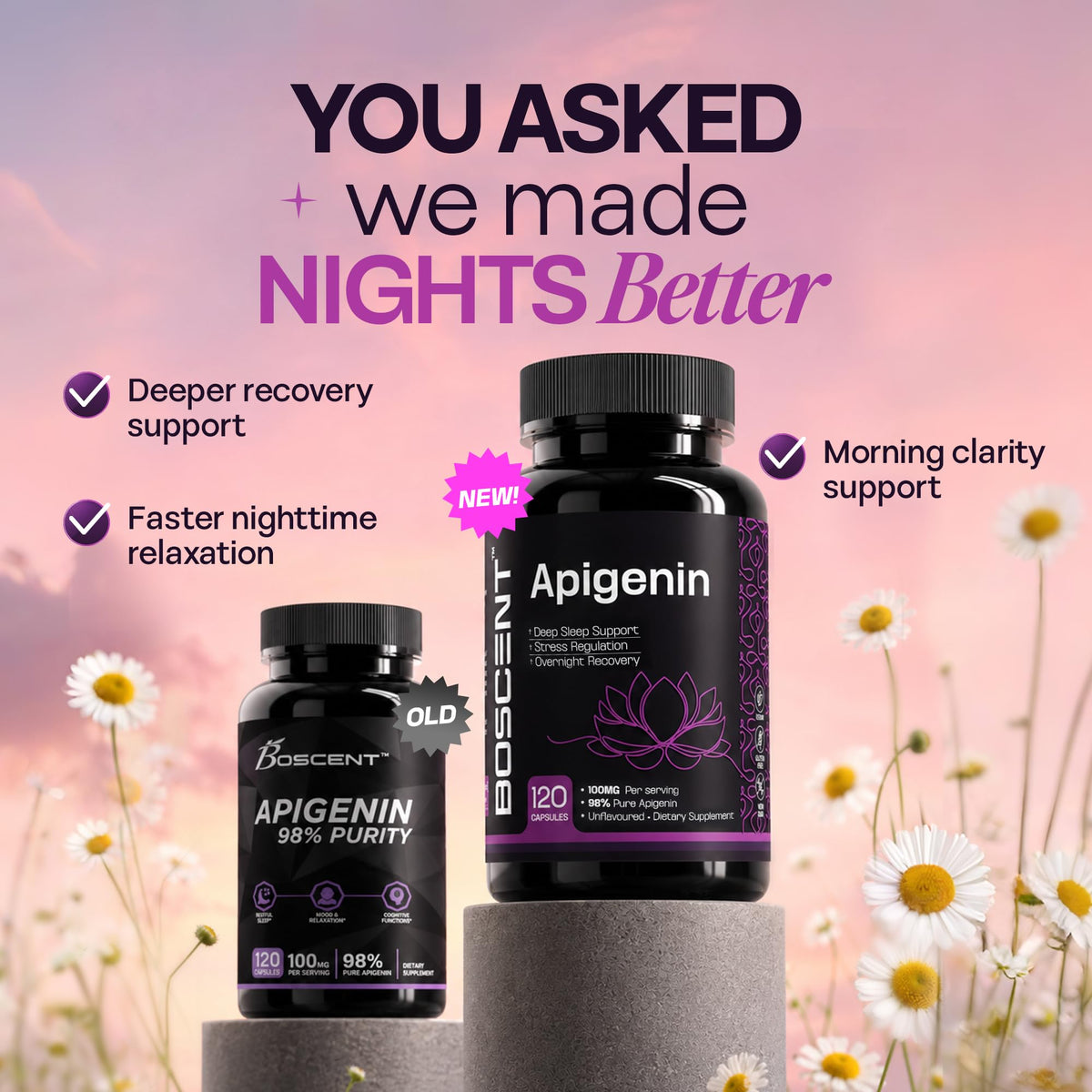 BOSCENT Apigenin 100mg capsules de camomille sur une surface blanche