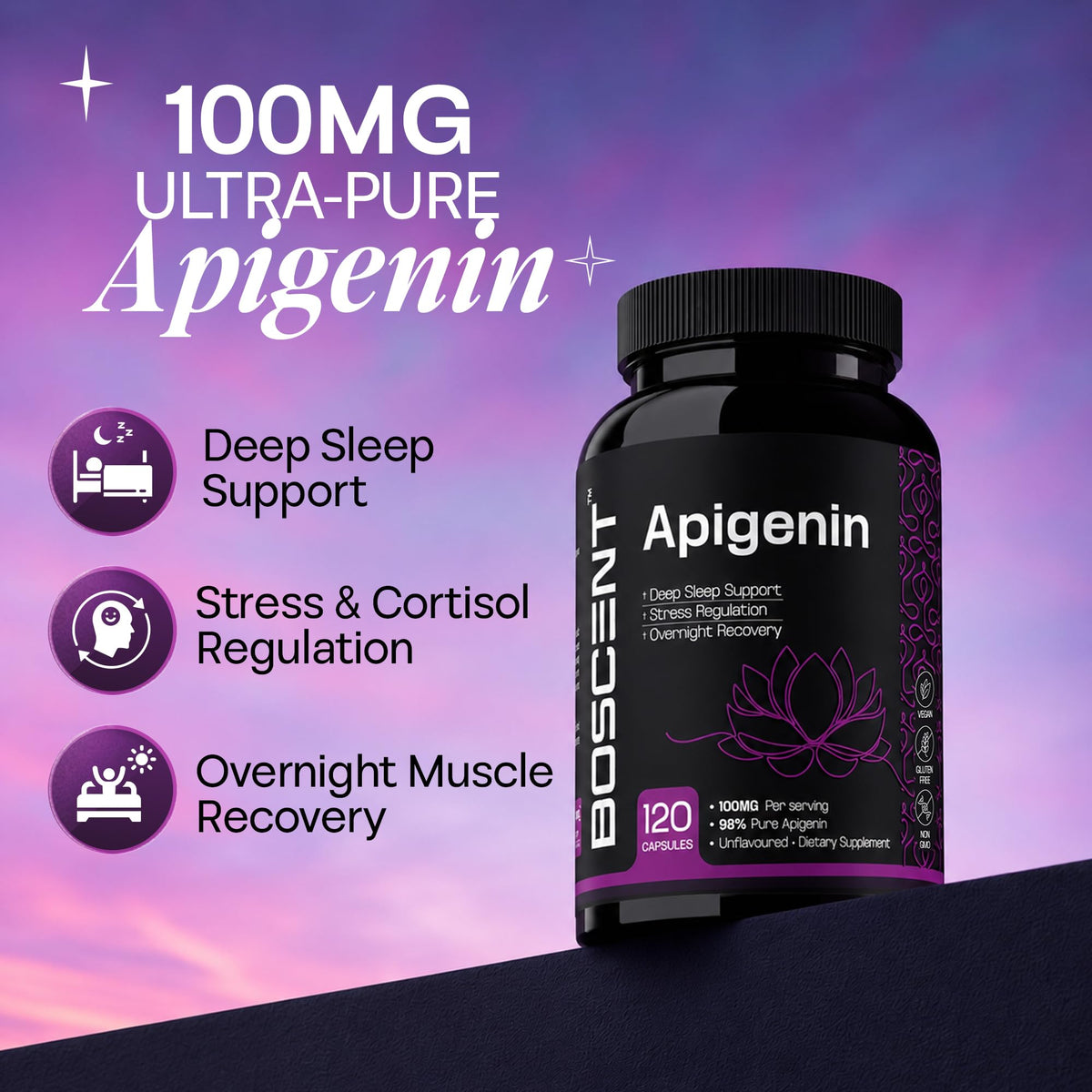 BOSCENT Apigenin 100mg capsules sur une table en bois