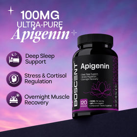 BOSCENT Apigenin 100mg capsules sur une table en bois