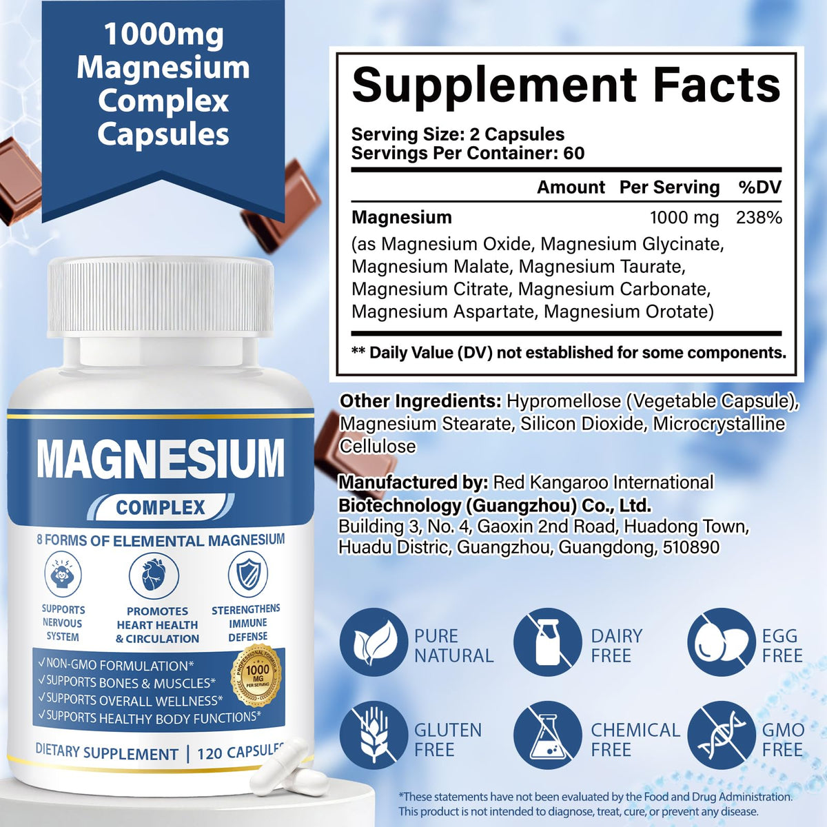 BOSNETHUINH Complément Alimentaire Magnésium 1000mg 8-en-1 capsules sur une table