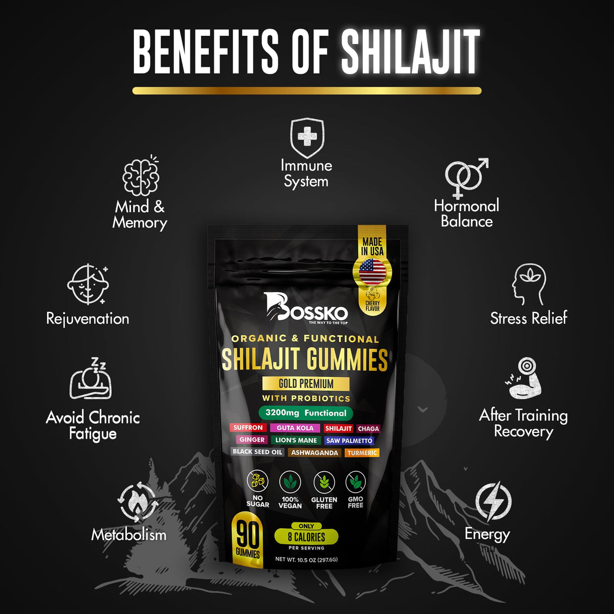 BOSSKO Gummies Shilajit Bio 3200 mg avec d'autres suppléments