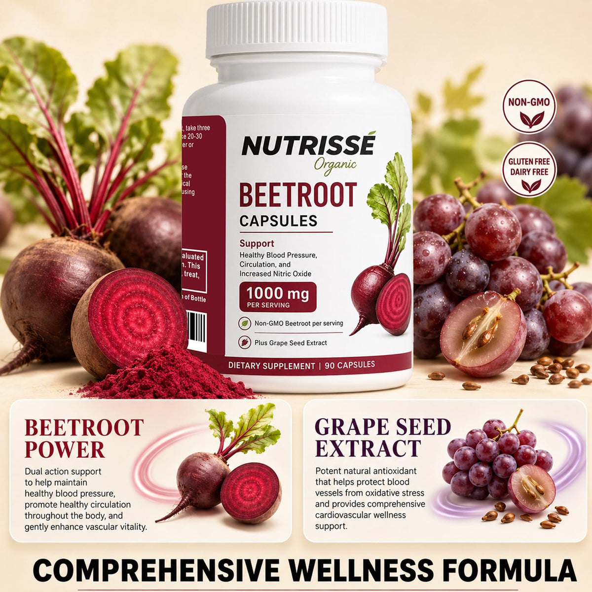 Bots de capsules de betterave Nutrisse Organic avec un verre d'eau
