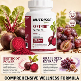 Bots de capsules de betterave Nutrisse Organic avec un verre d'eau