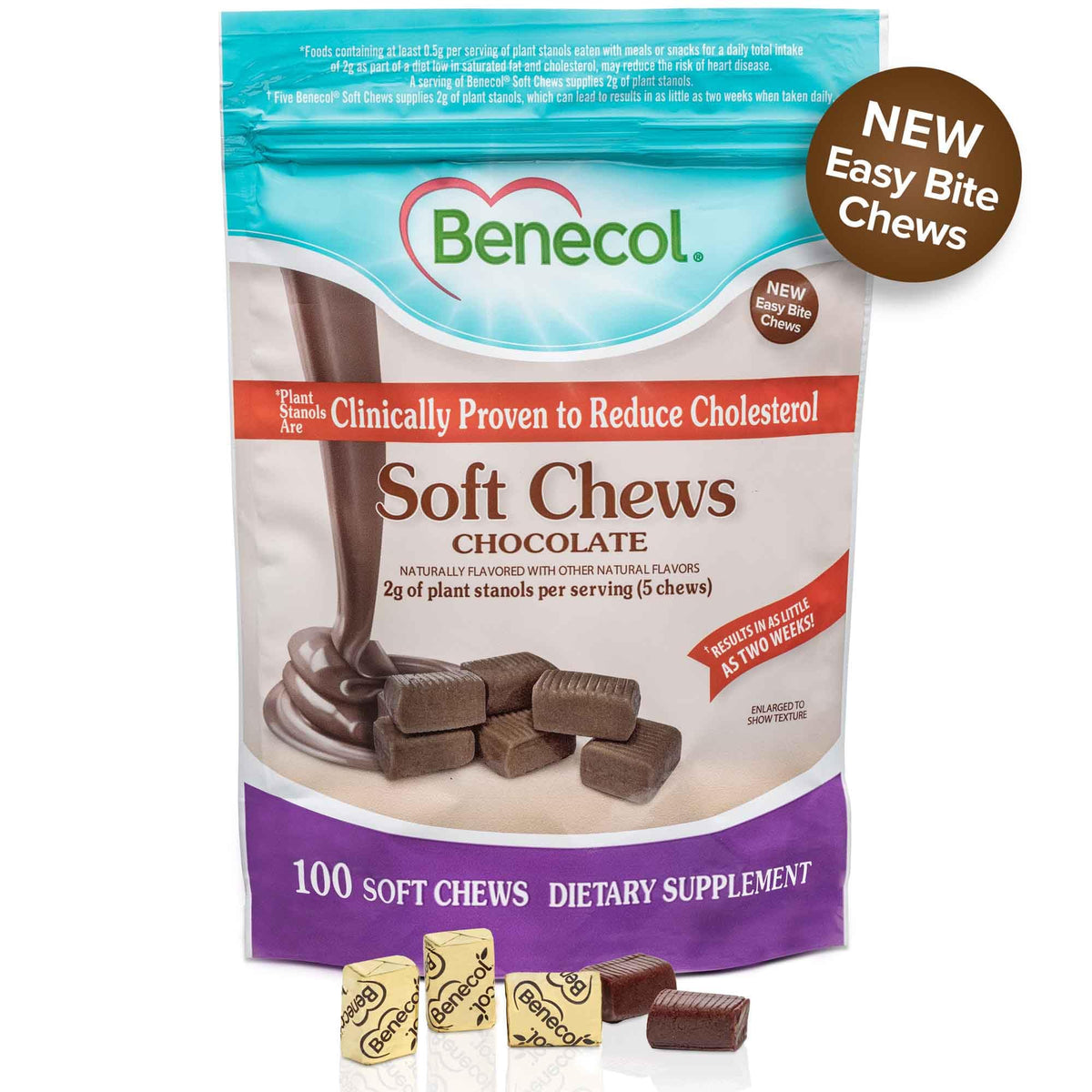 Bouchées Benecol Soft Chews chocolat montrant la texture douce