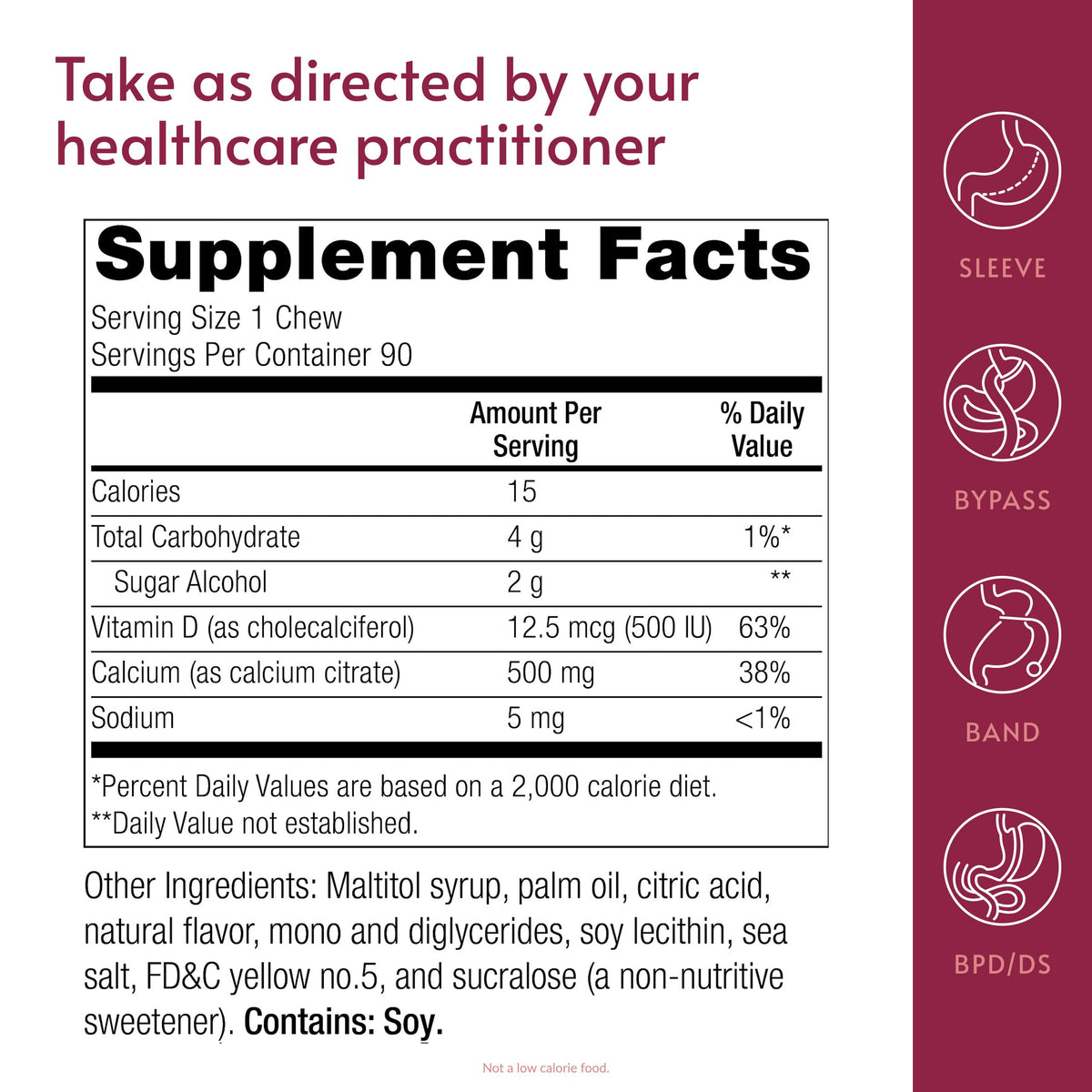Bouchées de Calcium Citrate Bariatric Advantage sur une table avec un verre d'eau
