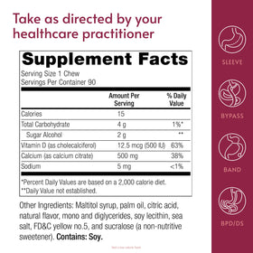 Bouchées de Calcium Citrate Bariatric Advantage sur une table avec un verre d'eau