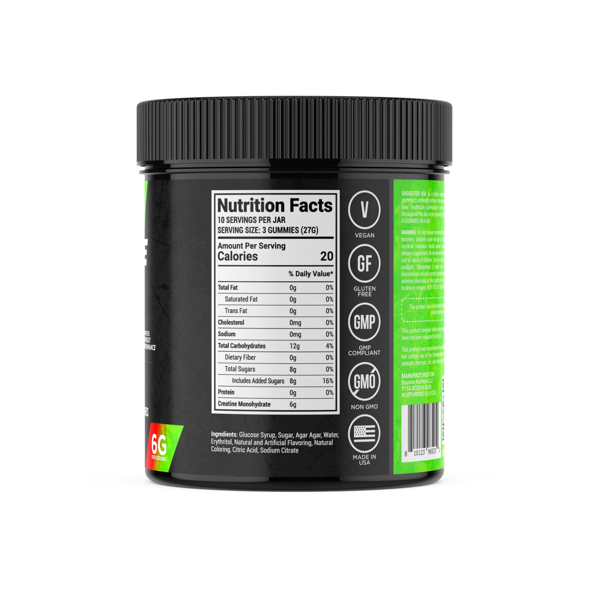 Bounce Pro Gummies Créatine Monohydrate 30ct emballage avec informations nutritionnelles