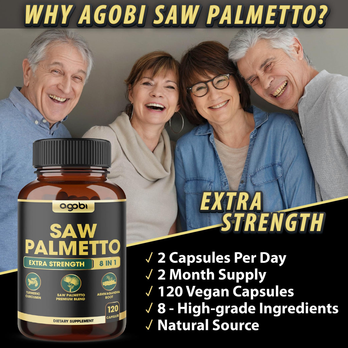 Bouteille agobi Saw Palmetto 8en1 ouverte avec capsules à l'intérieur