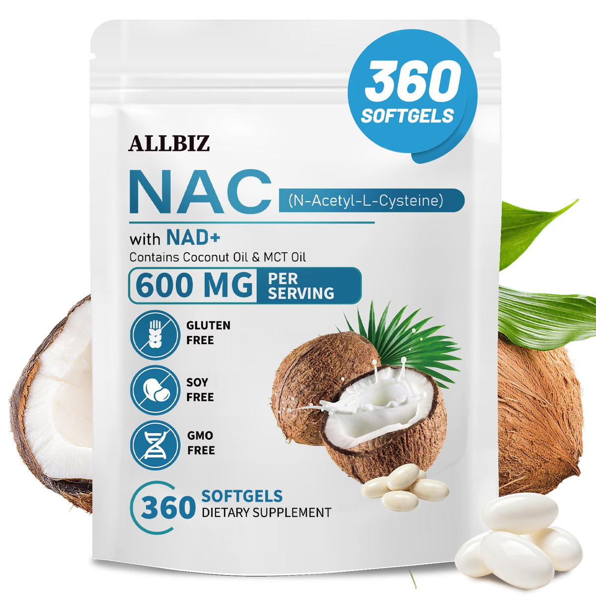 Bouteille ALLBIZ NAC 600mg avec 360 gélules à l'huile de coco