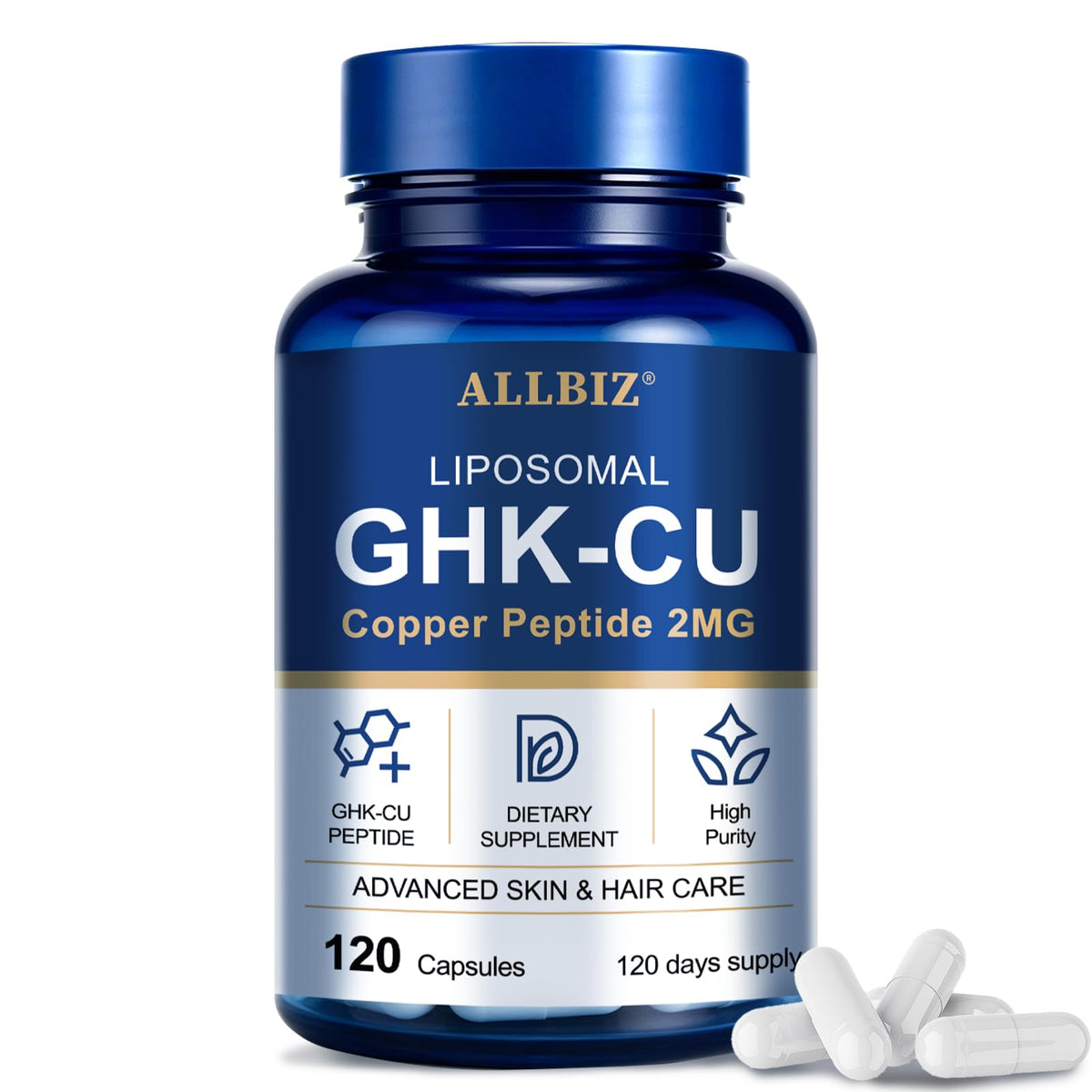 Bouteille ALLBIZ Peptide de Cuivre Liposomal GHK-Cu 314mcg 120 capsules
