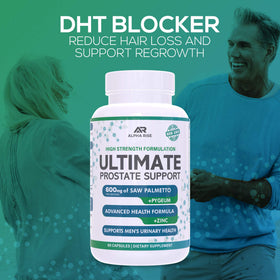 Bouteille ALPHA RISE Saw Palmetto ouverte avec capsules visibles