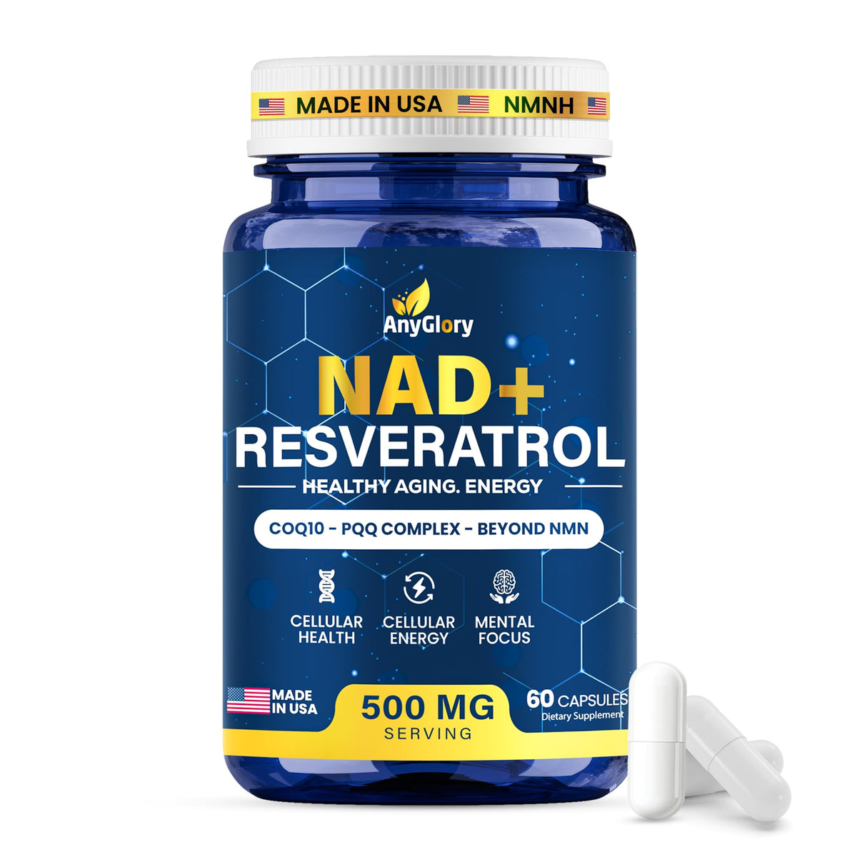 Bouteille Anyglory NAD Resveratrol 500mg vue de face