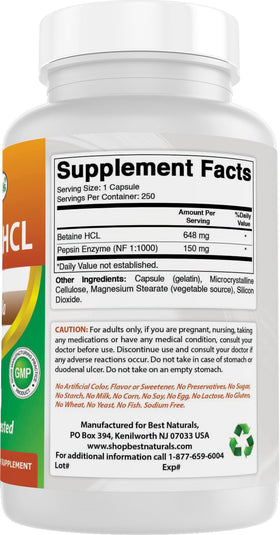 Bouteille Best Naturals Betaïne HCL sur une table