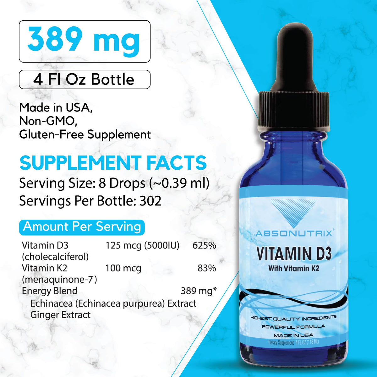 Bouteille d'Absonutrix D3 K2 390mg avec étiquette détaillant les ingrédients