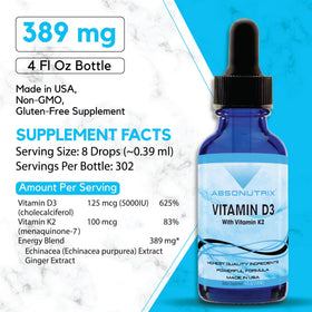 Bouteille d'Absonutrix D3 K2 390mg avec étiquette détaillant les ingrédients