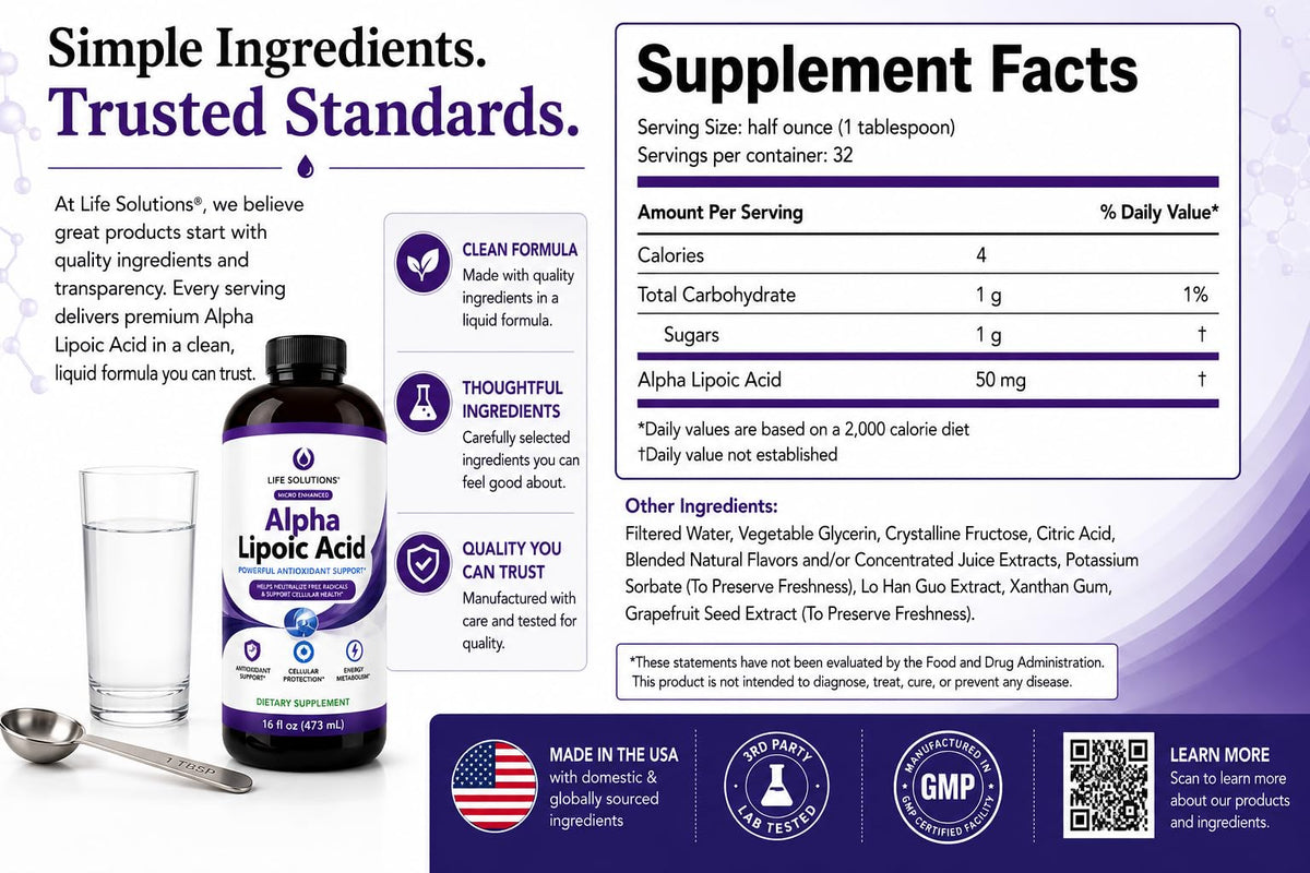 Bouteille d'acide alpha-lipoïque liquide Life Solutions avec verre doseur