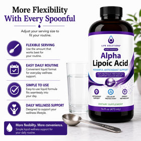 Bouteille d'acide alpha-lipoïque liquide Life Solutions dans un environnement de cuisine