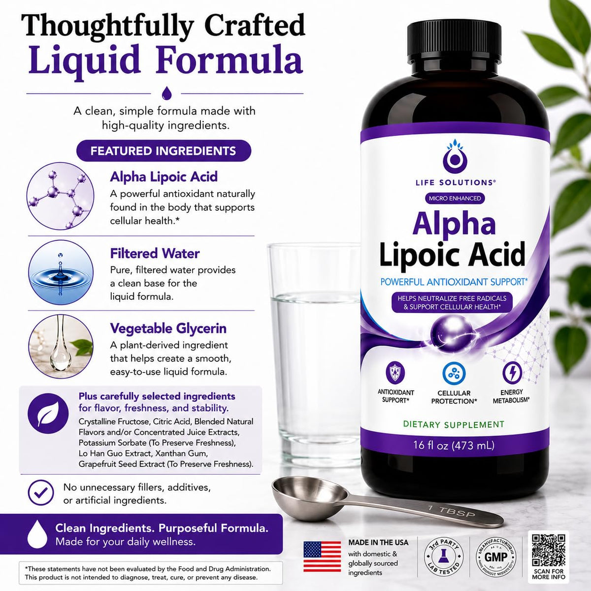 Bouteille d'acide alpha-lipoïque liquide Life Solutions ouverte avec dose