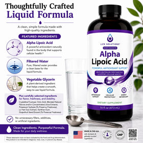 Bouteille d'acide alpha-lipoïque liquide Life Solutions ouverte avec dose
