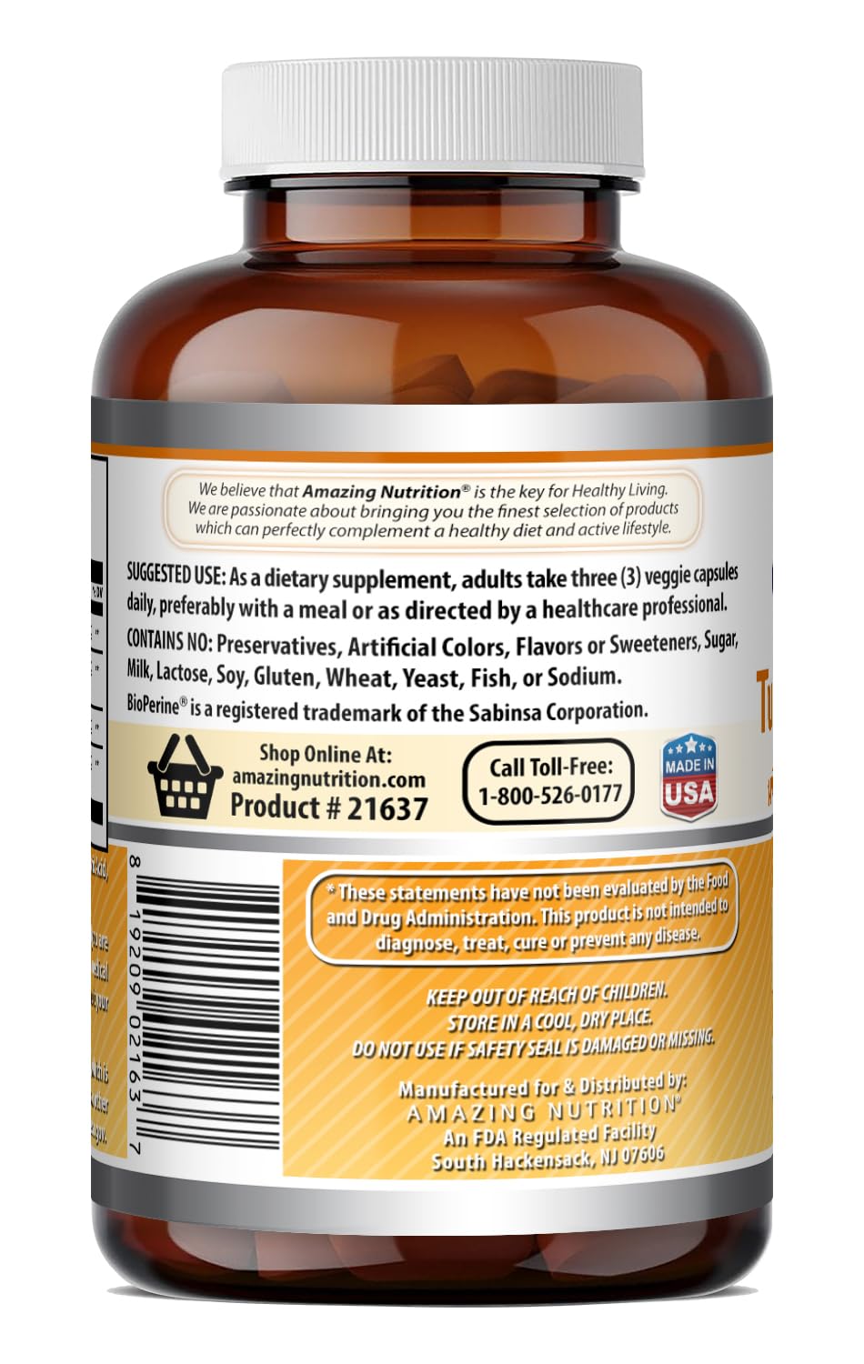 Bouteille d'Amazing Nutrition Curcuma Curcumin & Ginger ouverte avec gélules visibles