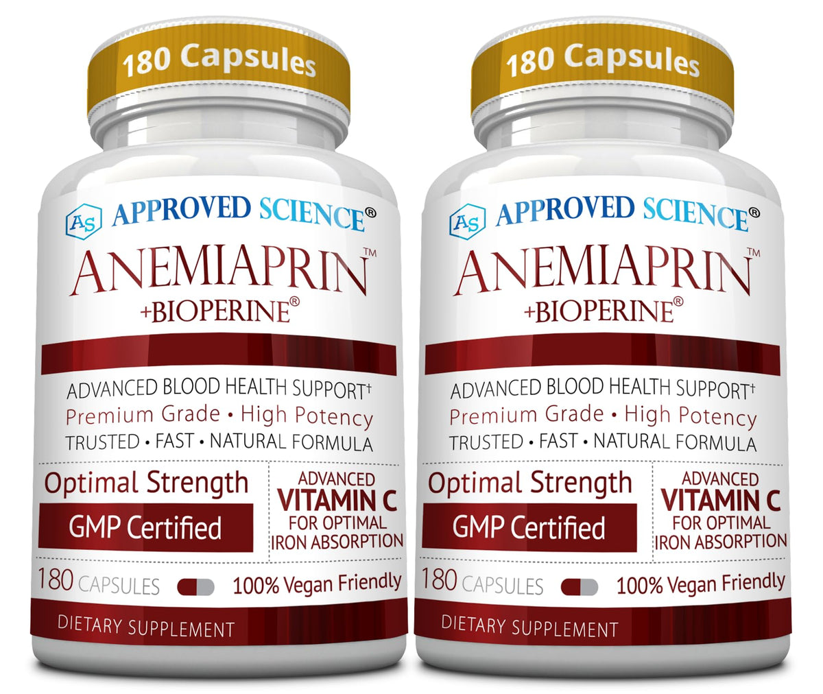 Bouteille d'Anemiaprin Approved Science vue de face avec capsules