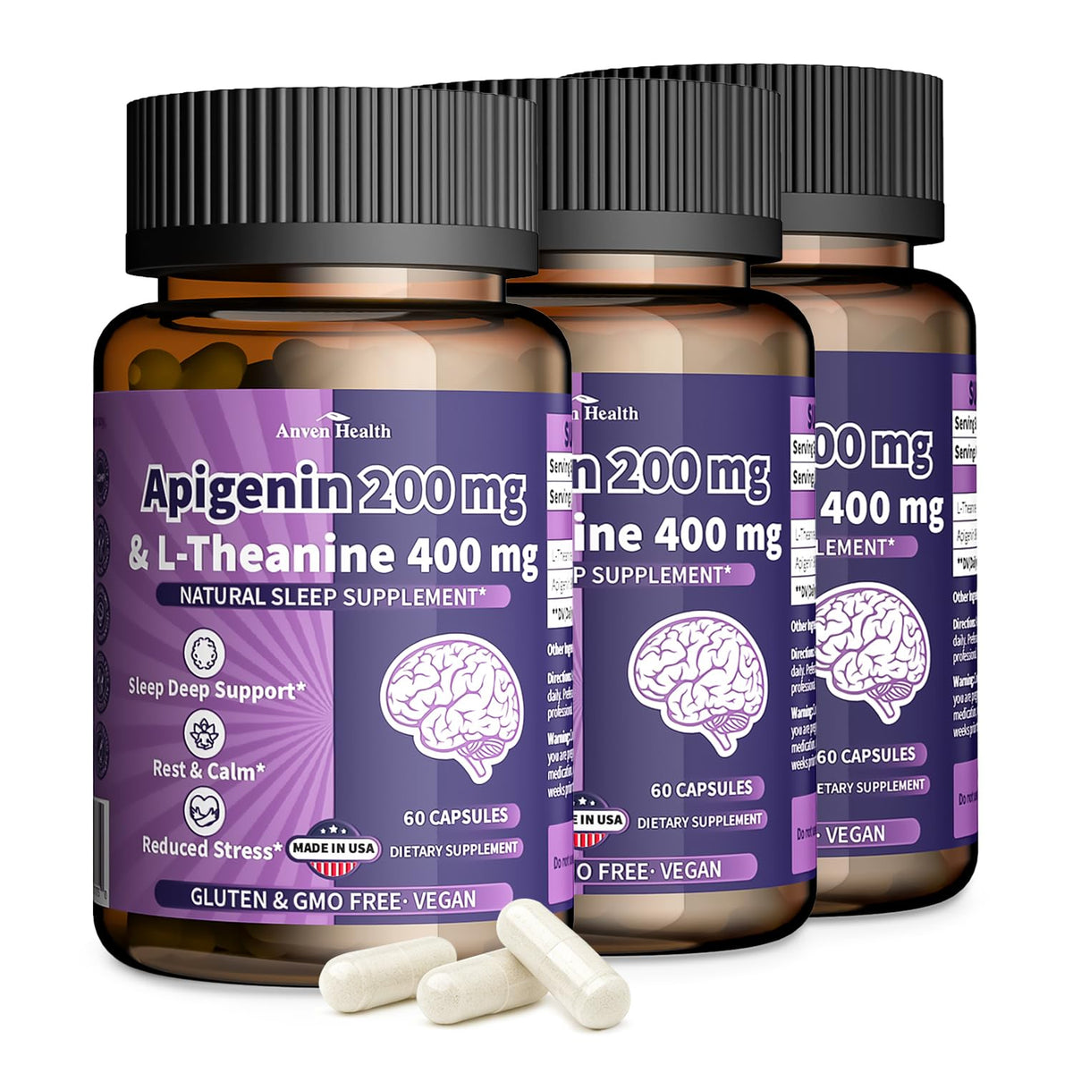 Bouteille d'Anven Health Complément Alimentaire L-Théanine Apigénine 180 Capsules vue de face