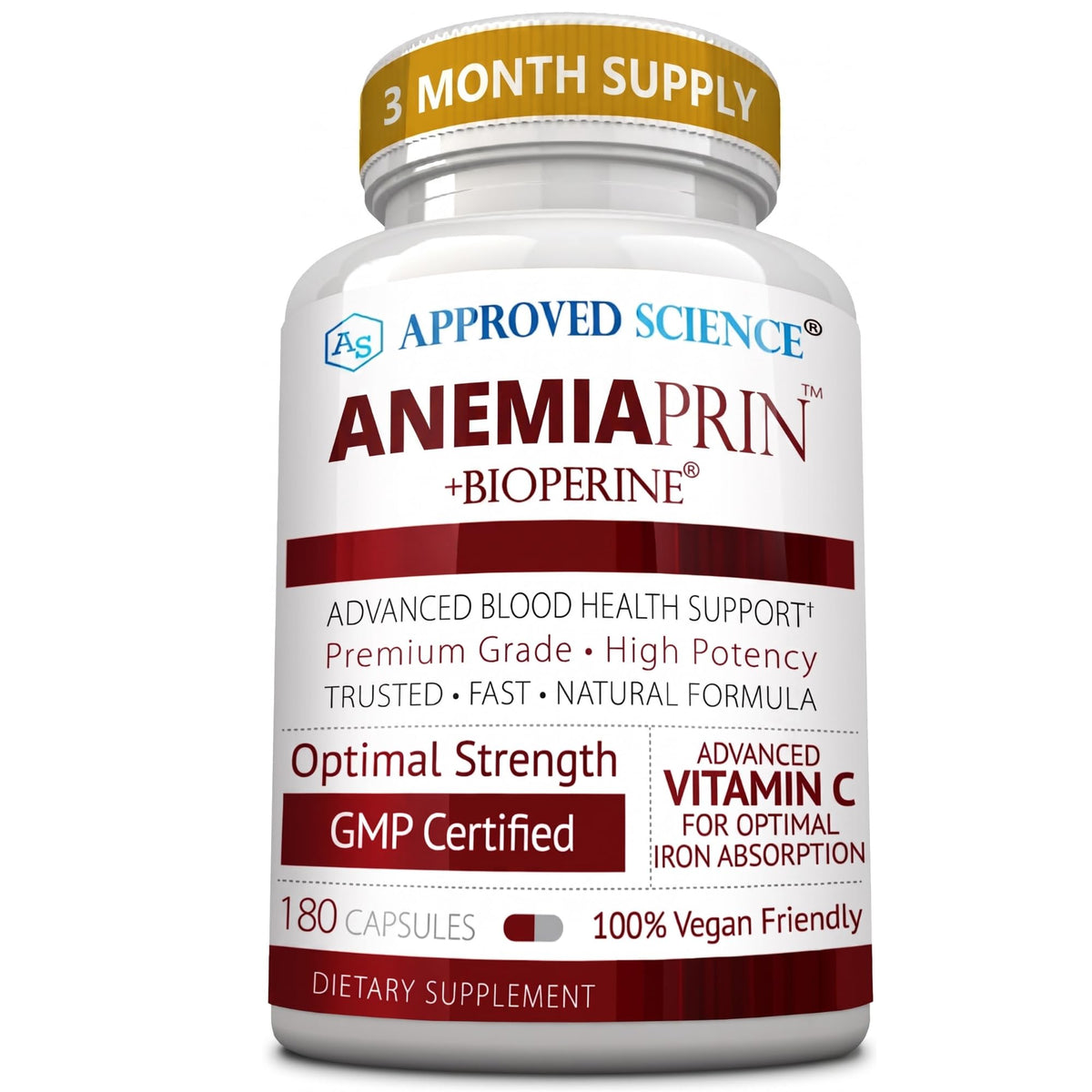 Bouteille d'Approved Science Anemiaprin vue de face avec capsules visibles