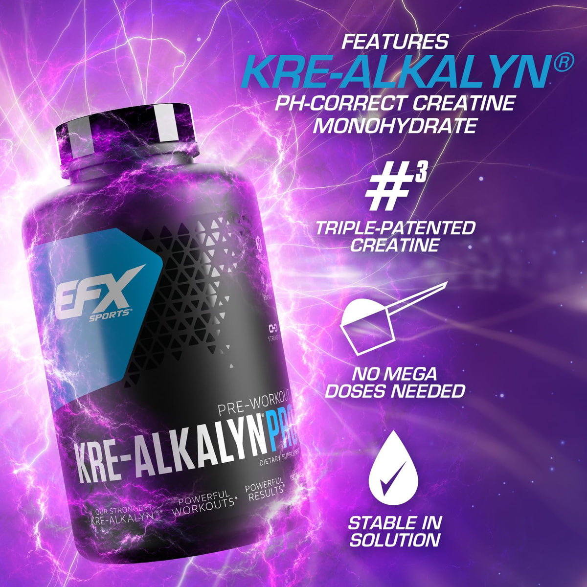 Bouteille d'EFX Sports Kre-Alkalyn Pro avec étiquette détaillée