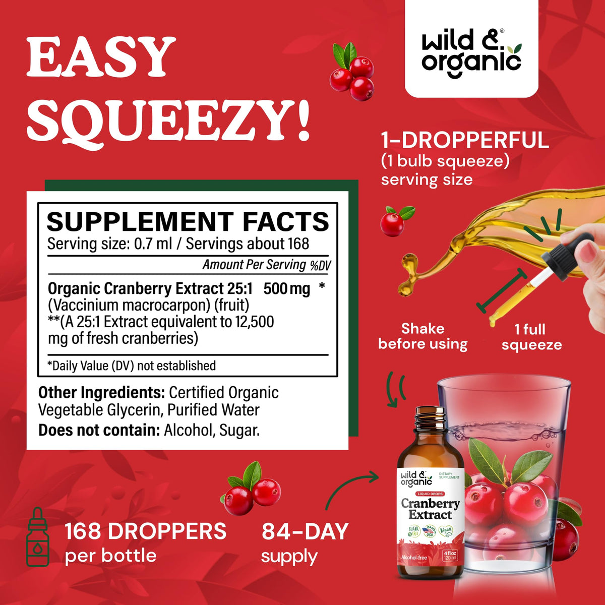 Bouteille d'extrait de canneberge Wild & Organic avec un verre à côté