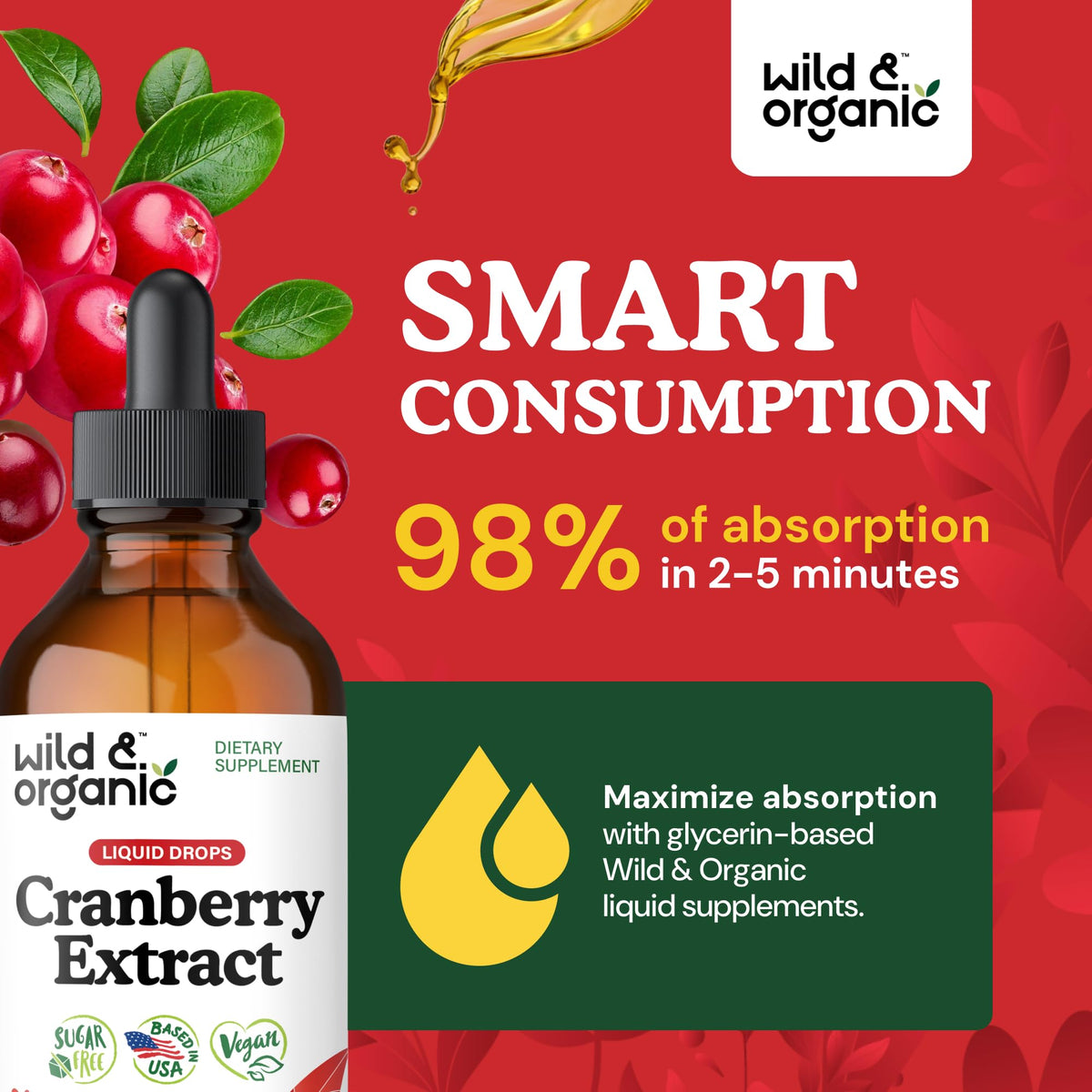 Bouteille d'extrait de canneberge Wild & Organic vue de côté